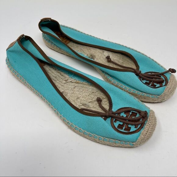 Tory Burch Logo Canvas Espadrilles Turquoise Women’s Size 8 - Picture 2 of 9